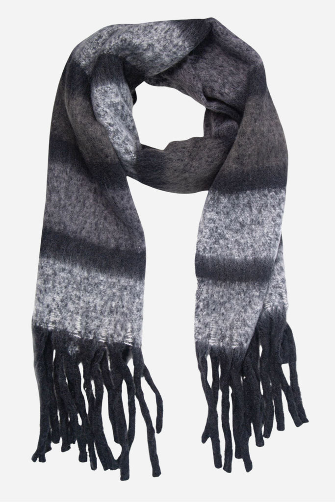 grey striped winter blanket scarf with tassel trim