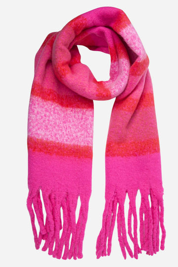 fuchsia pink striped winter blanket scarf with tassel trim