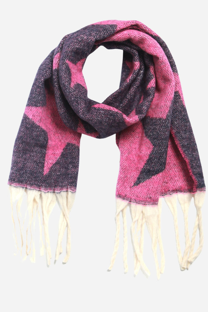 navy blue and fuchsia pink star pattern blanket scarf with white tassel trim