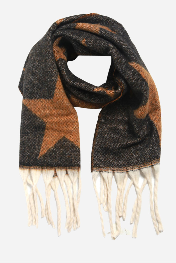 black winter scarf with a neutral brown star pattern, with white tassel trim