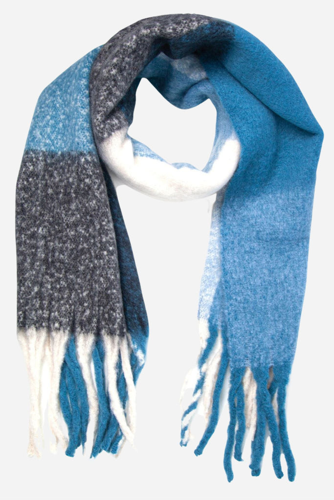 blue and grey colourblock winter blanket scarf with tassel trim