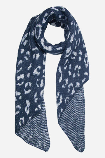 blue asymmetric blanket scarf with a silver glitter leopard print pattern