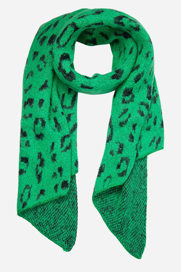 asymmetric green blanket scarf with a black glitter leopard print pattern