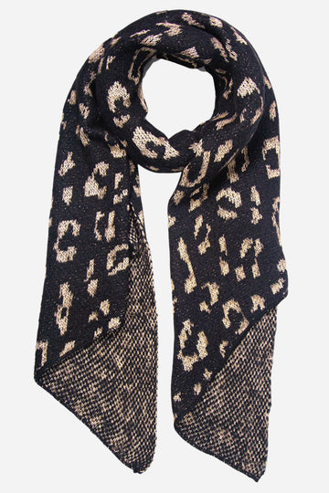 black winter blanket scarf with a gold glitter leopard print pattern