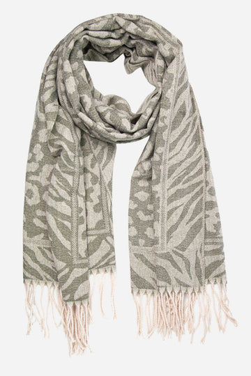 khaki green leopard print blanket scarf with a zebra print border and tassel trim