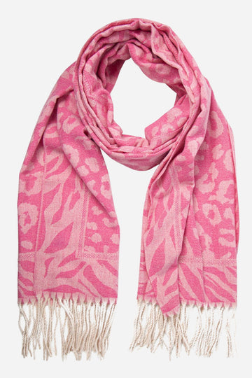 pink leopard print blanket scarf with zebra print border and tassel trim