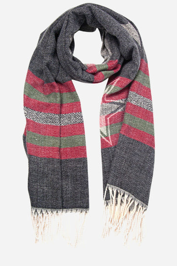 grey and pink striped blanket scarf with a with star pattern and tassel trims