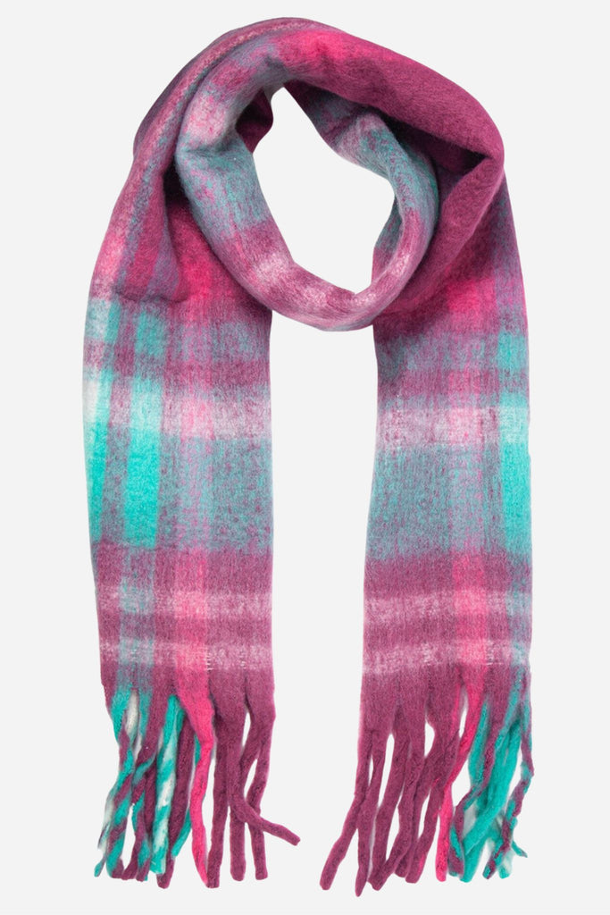 raspberry pink and green tartan plaid pattern winter blanket scarf with tassel trim