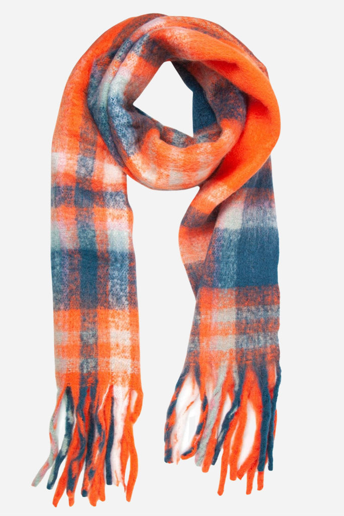 orange and blue tartan plaid pattern winter blanket scarf