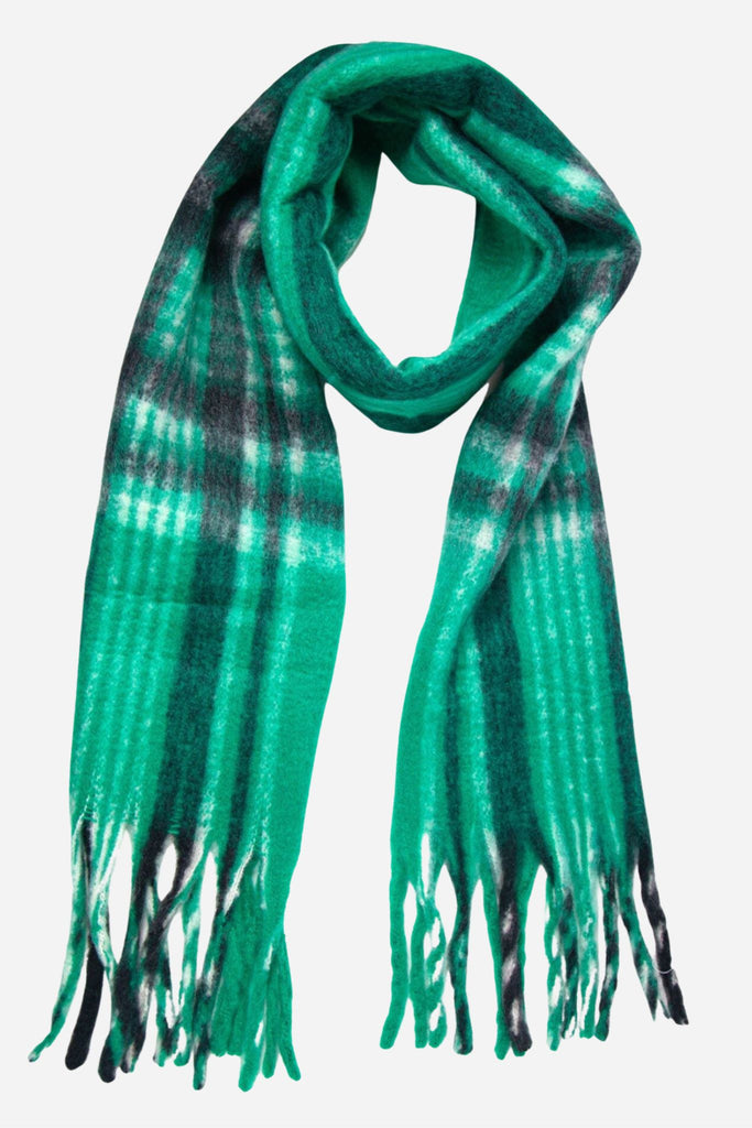 green tartan plaid pattern winter scarf with tassel trim