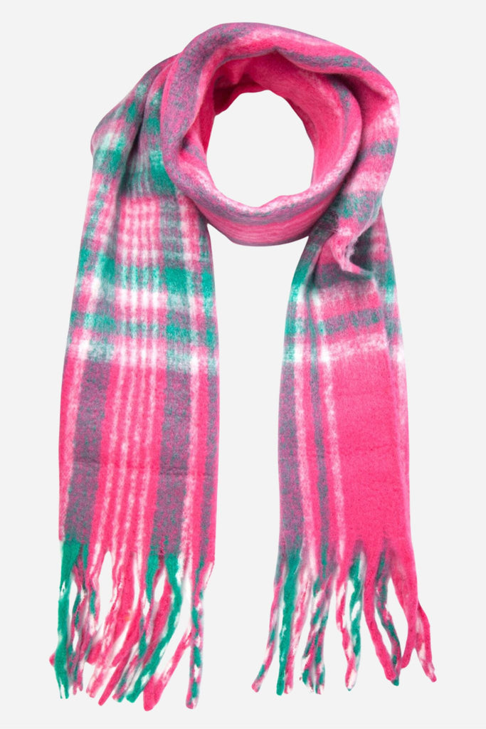 fuchsia pink and green tartan pattern winter scarf with tassel trim