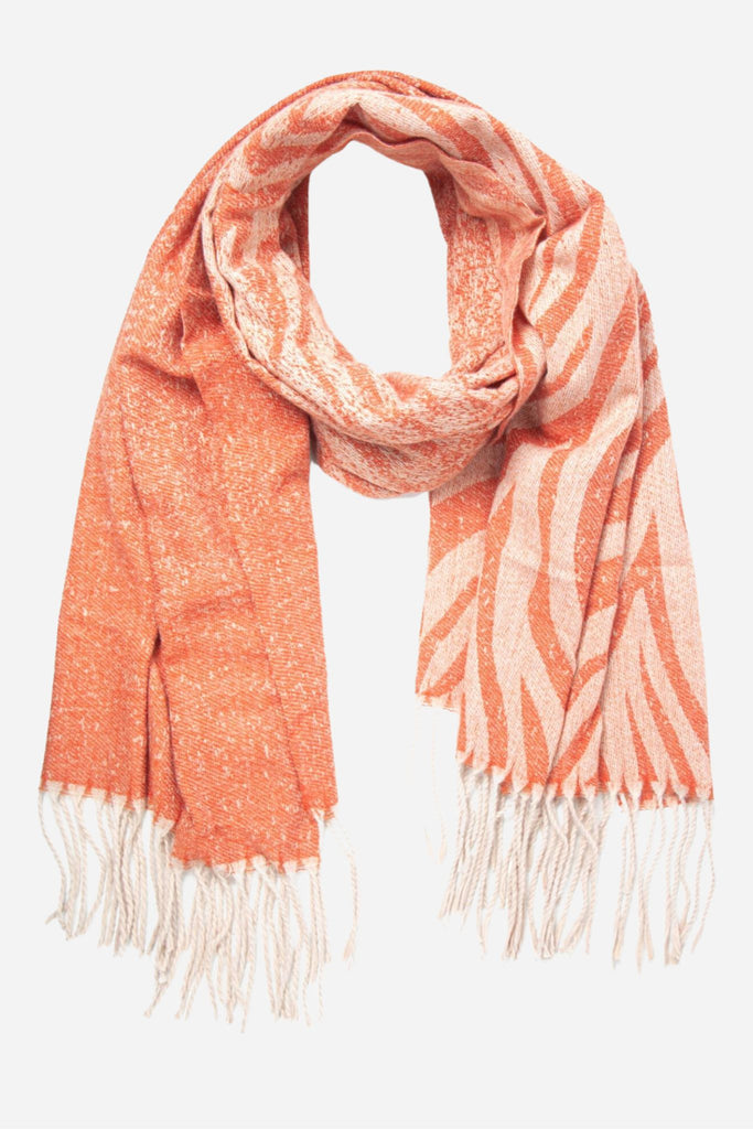 orange zebra print winter blanket scarf with white tassel trim 