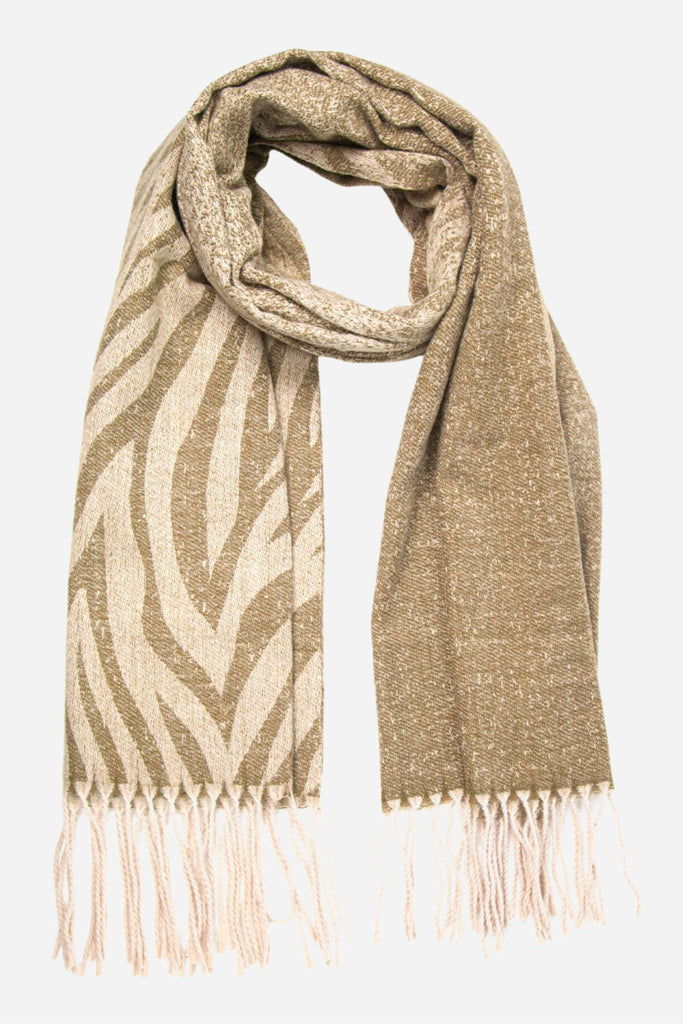 khaki green zebra pattern blanket scarf with tassel trims