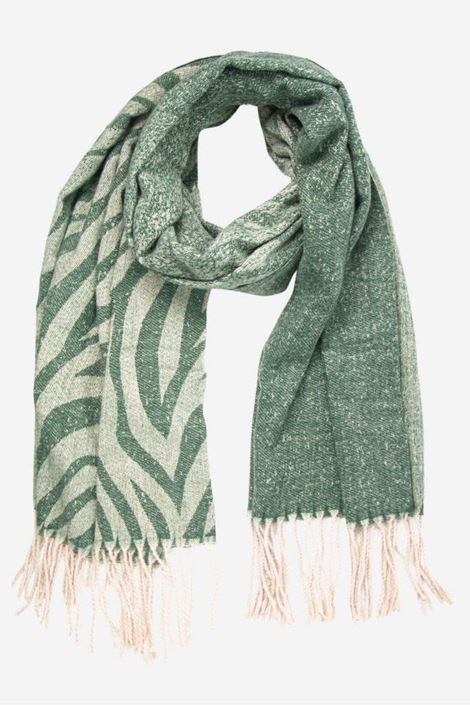 green zebra print winter blanket scarf with tassel trim