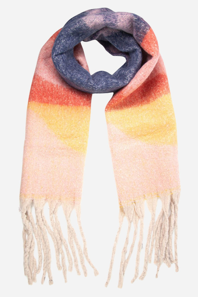 multicoloured wave pattern colourblock blanket scarf with tassel trim