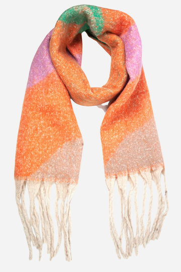 orange, pink and green wave pattern colourblock winter blanket scarf with tassel trims