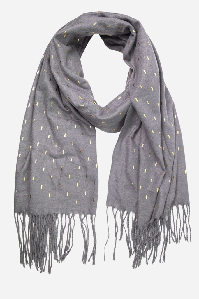grey blanket scarf with gold rectangular foil accents all over
