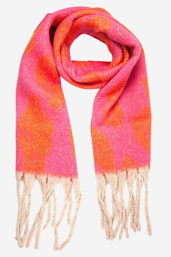 fuchsia and orange blanket scarf with an all over large leoprd print pattern 