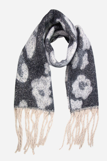 dark grey blanket scarf with an all over large leopard print pattern