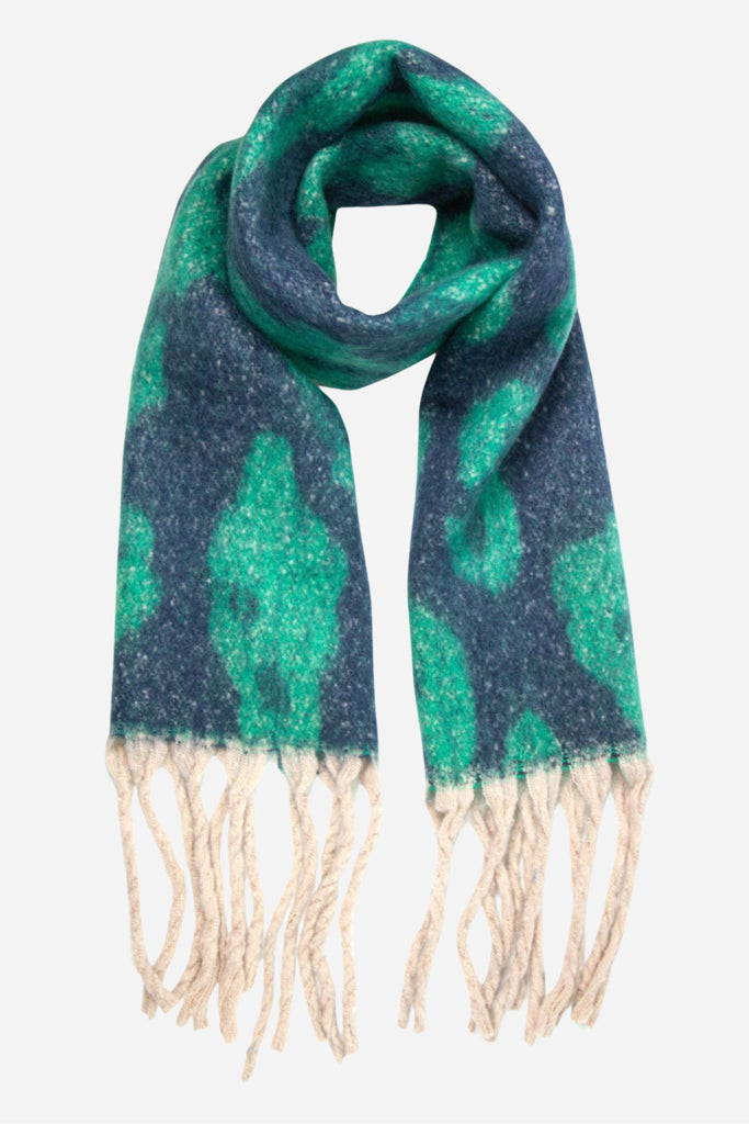 green and blue large leopard print pattern blanket scarf with tassel trim