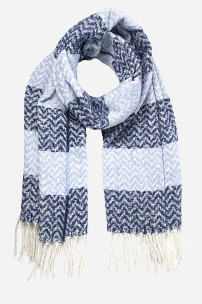 blue striped blanket scarf with an all over chevron pattern