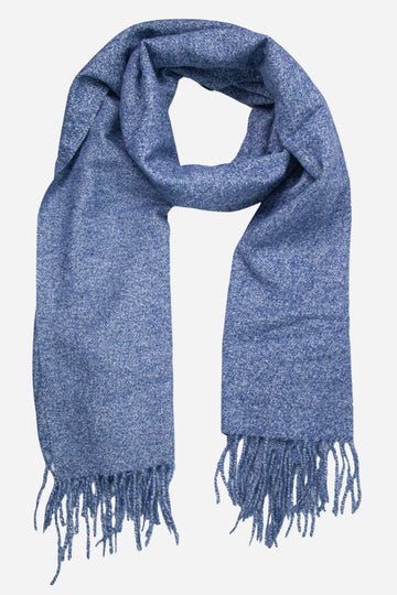 a plain blue winter blanket scarf with tassel trim
