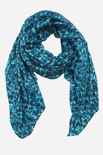 blue abstract leopard print lightweight scarf with gold foil accents