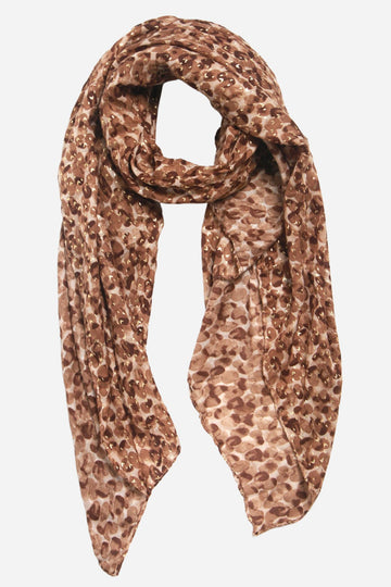 neutral beige leopard print scarf with an all over gold foil pattern