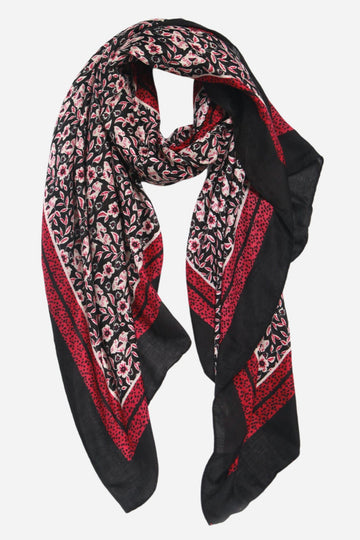 black and fuchsia pink floral scarf with bordered edge
