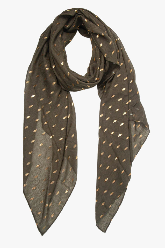 khaki green lightweight scard with an all over geometric gold foil print