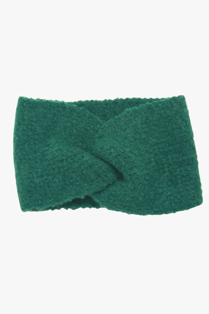 green knitted winter headband with a twist knot front