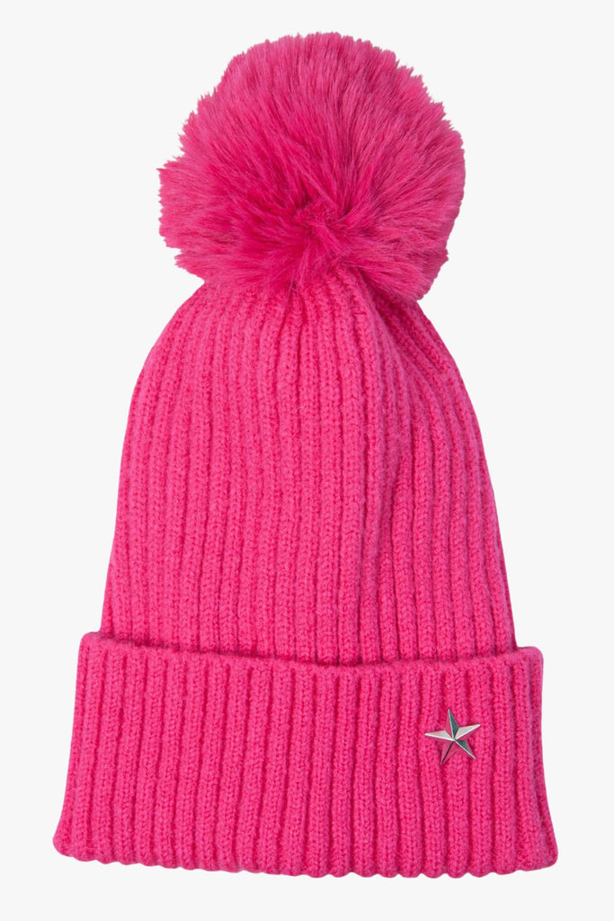 fuchsia pink pom pom bobble hat with a silver metal star motif on the rim