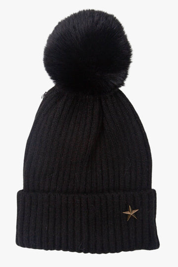 black pom pom knitted hat with a gold metal star motif on the rim