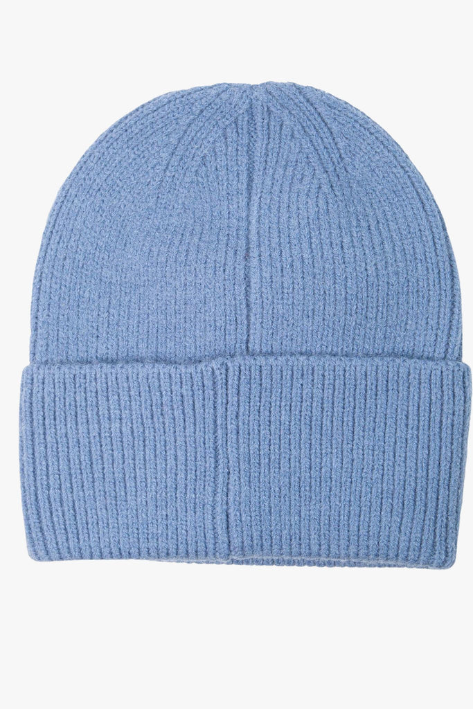 light blue knitted beanie hat