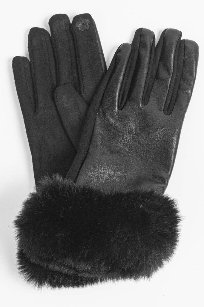 black faux leather gloves with a black faux fur trim around the wrist