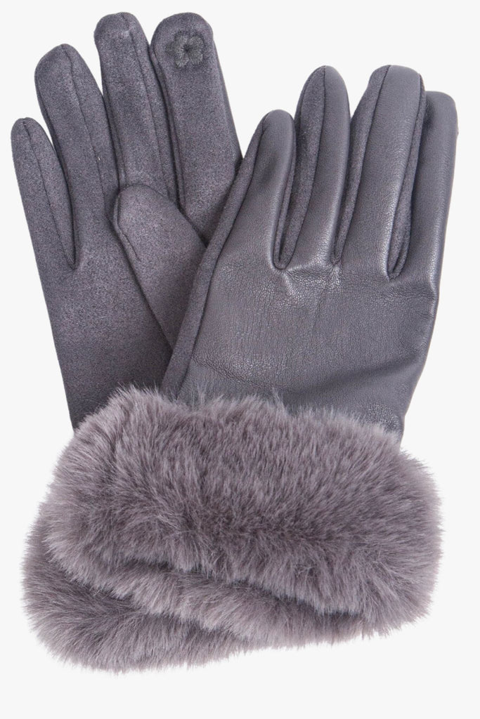dark grey faux leather gloves with a faux fur trim around the wrist