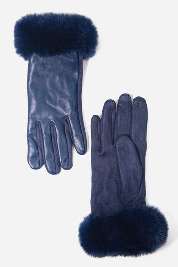 navy blue faux leather gloves with a faux fur trim, showing the palm and the back of the gloves