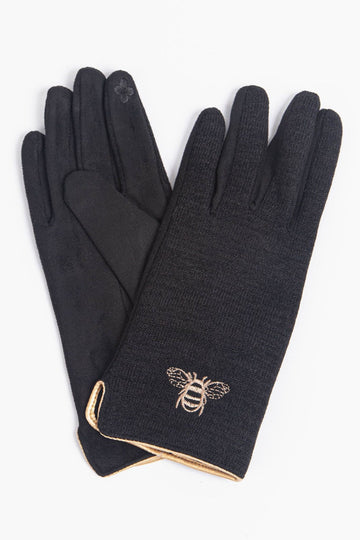 touchscreen black winter gloves with an embroidered bee motif on the wrist