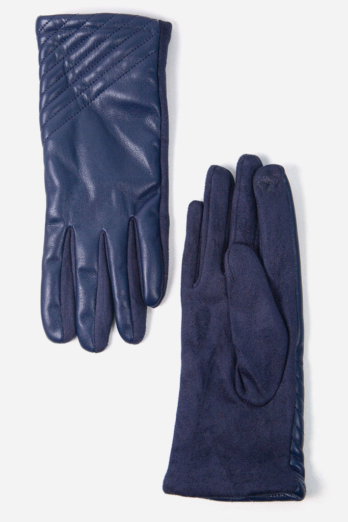 navy blue vegan leather gloves with a touch screen responsive index finger and diagonal quilted stripes on the wrist