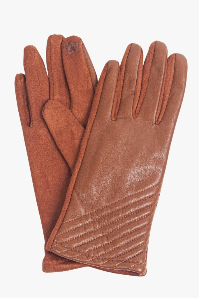 tan brown faux leather touch screen winter gloves with a diagonal quilted stripe pattern on the wrist area