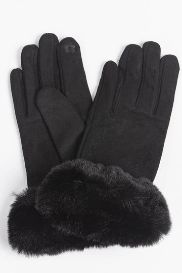 faux velvet winter gloves with a faux fur trim, touch screen compatible black gloves