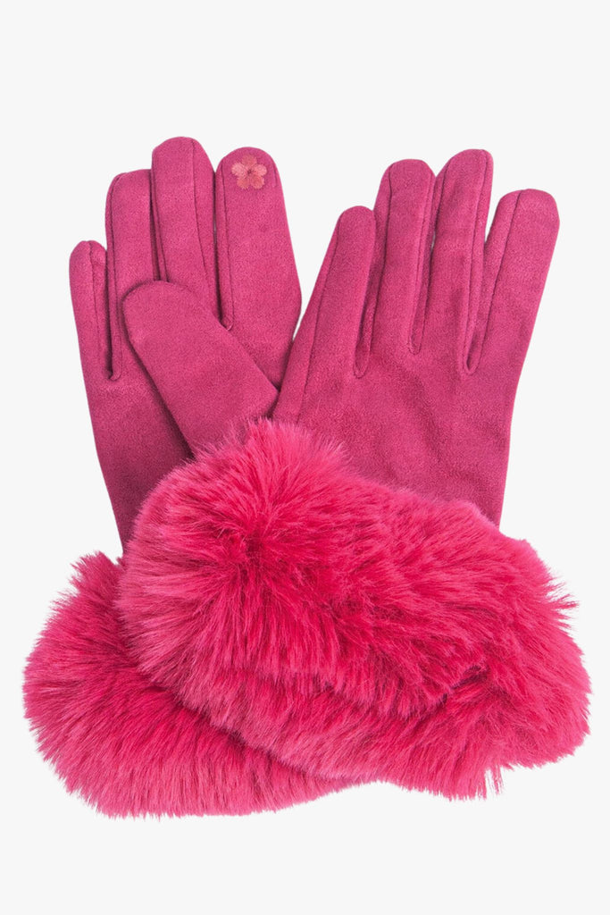 pink faux velvet touch screen winter gloves with a faux fur trim around the wrist