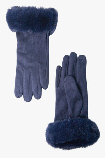 navy blue faux velvet and faux fur trim touch screen winter gloves