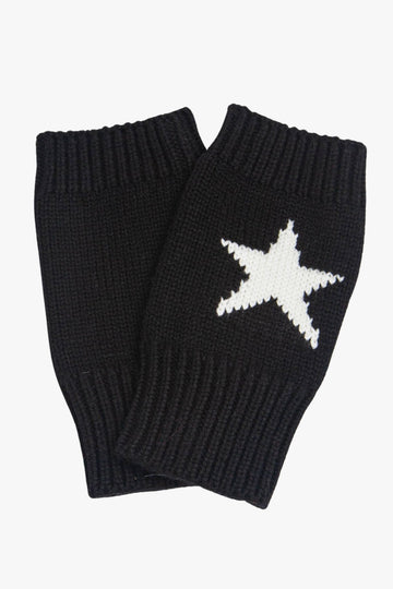 black knit winter wrist warmers with a white star on the back of the wrist