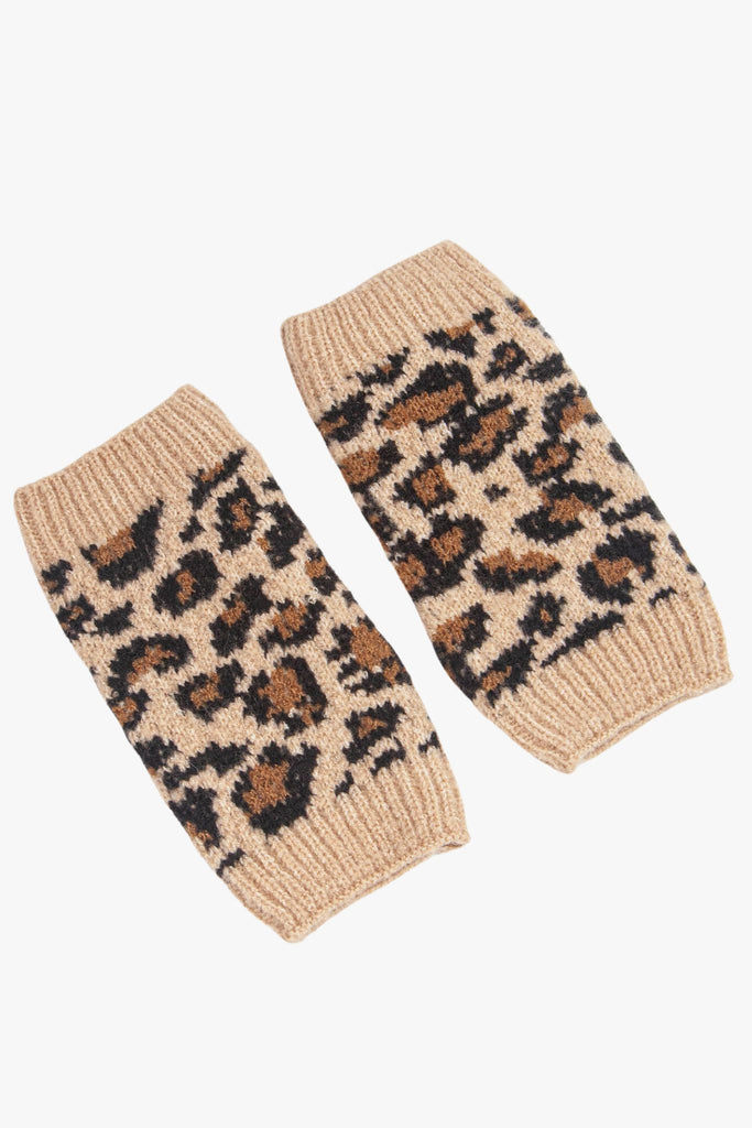 knit leopard print wrist warmers with cuffed edges