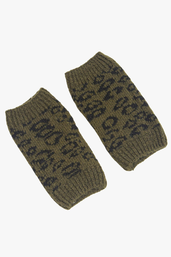 khaki animal print knit fingerless gloves