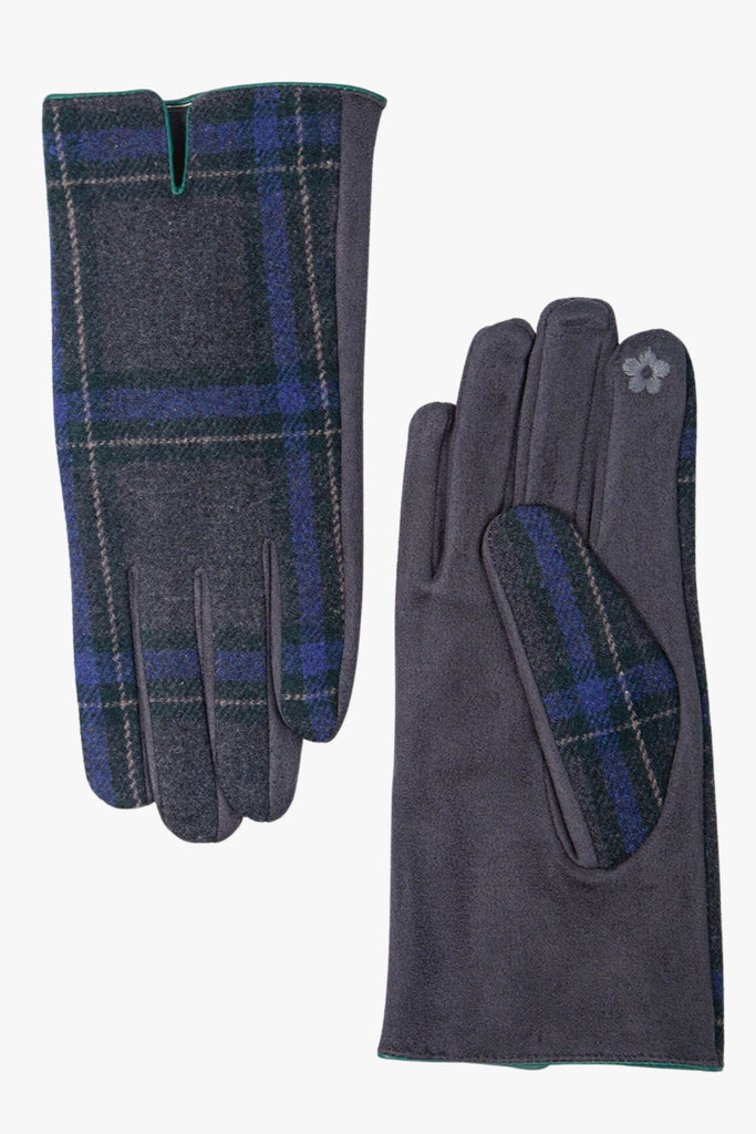 grey winter touch screen gloves with a blue and green tartan pattern