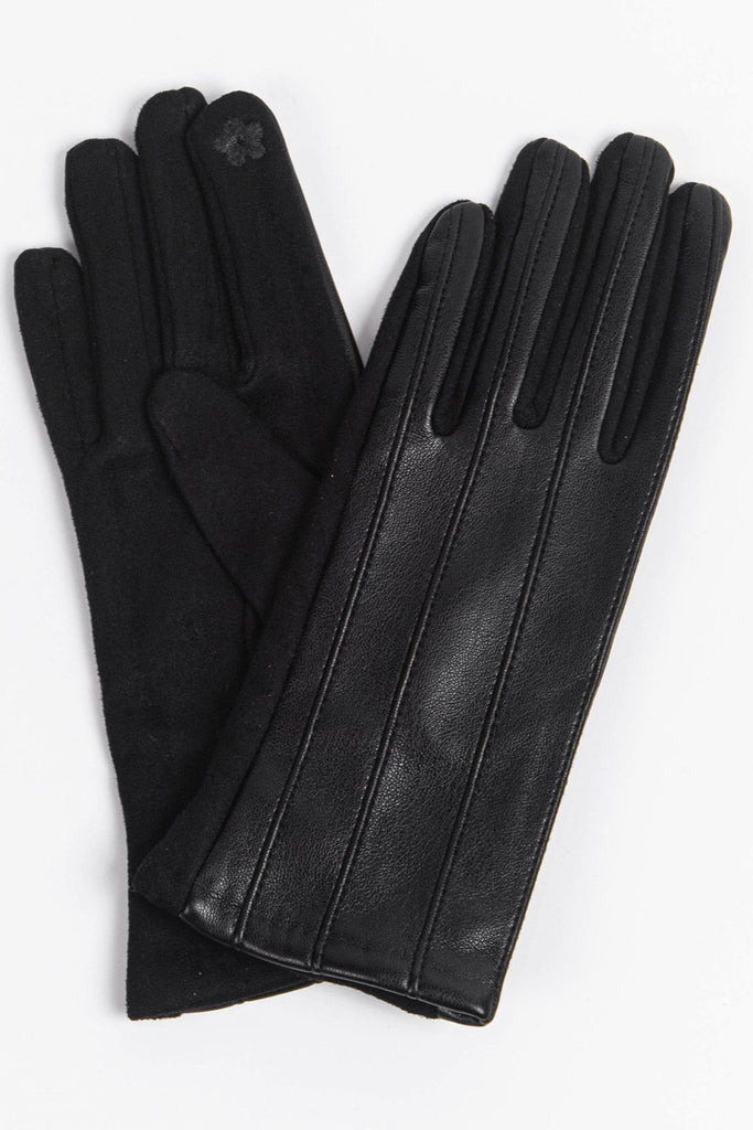 black faux leather winter gloves with a ribbed stitched back 