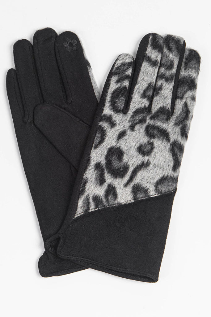 grey and black leopard print winter gloves