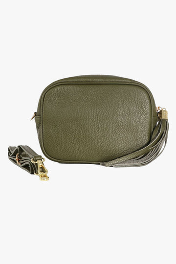 khaki green leather crossbody bag with matching detachable bag strap